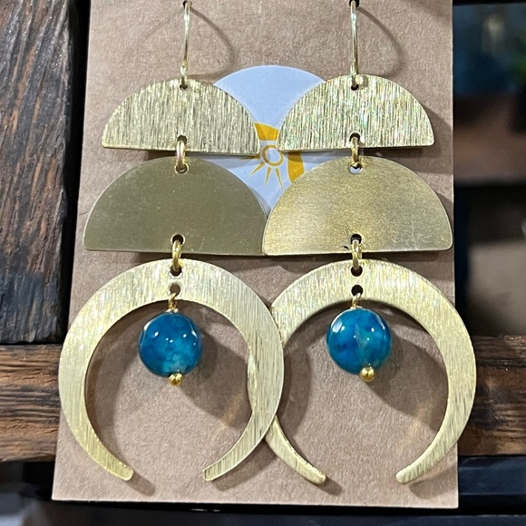 Hand Crafted Raw Brass & Glass Moon Phase Earrings - Picture 2 of 6